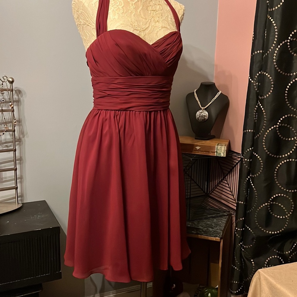 Wtoo | Fab and flirty halter dress- knee length chiffon with ruched top in wine